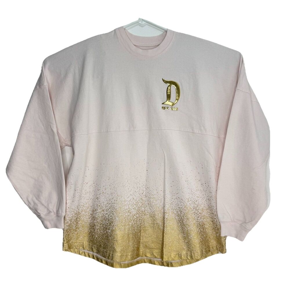 Disney Spirit Jersey Gold Glitter Pink Shirt Womens Sz L Foil Disneyland Puff - Picture 2 of 11